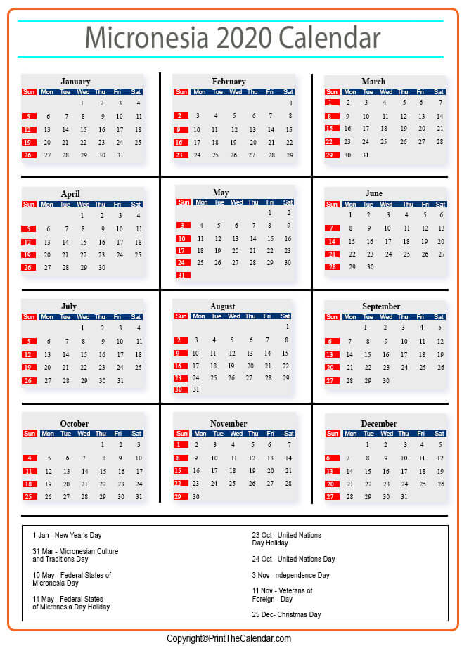 Micronesia Calendar 2020